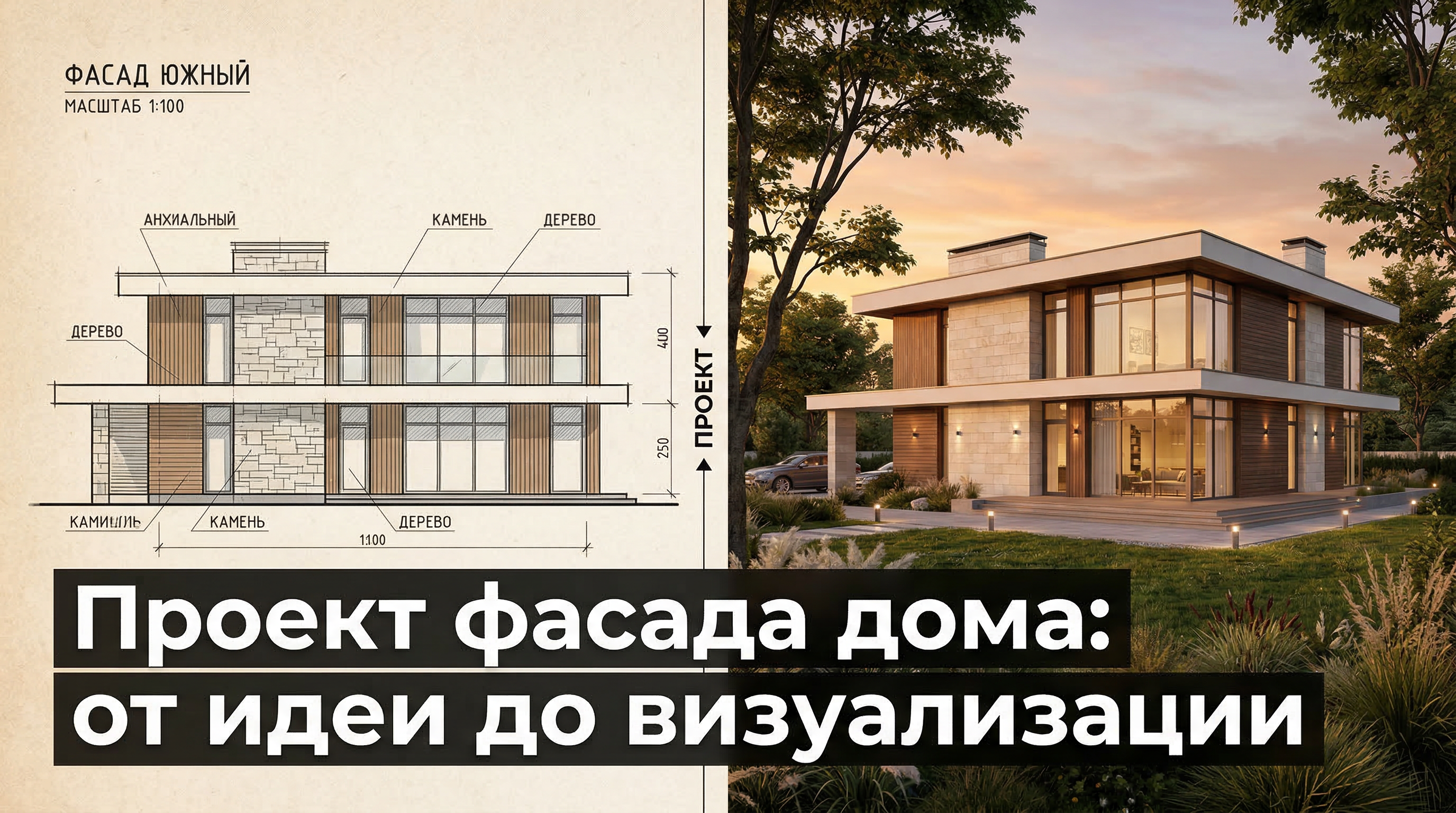 Проект фасада дома: чертёж и 3D-визуализация современного коттеджа
