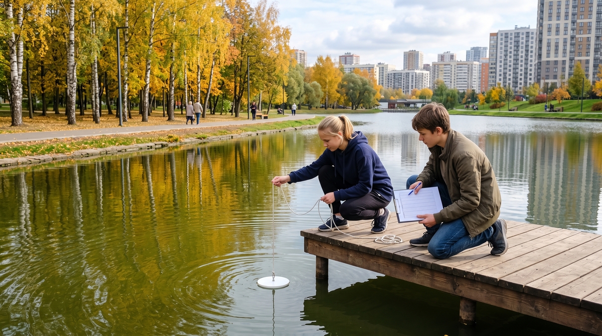 Подростки на мостках опускают в пруд белый диск на веревке и записывают результат
