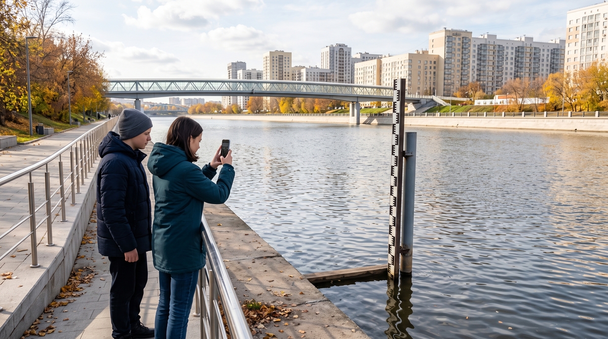 Подростки фотографируют водомерную рейку на городской набережной