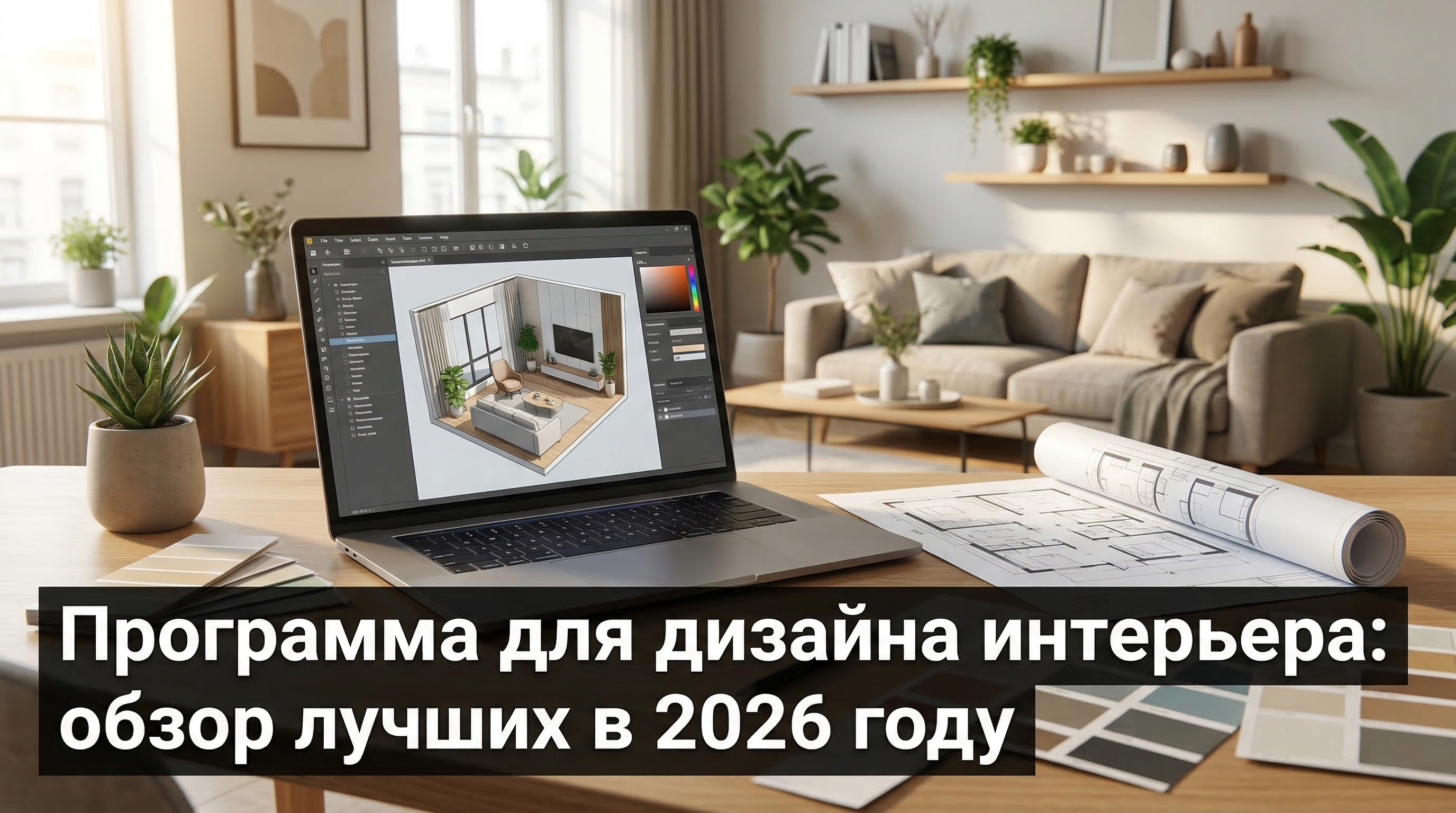 Программа для дизайна интерьера: обзор лучших в 2026 году — ноутбук с 3D-планировщиком на столе рядом с чертежами