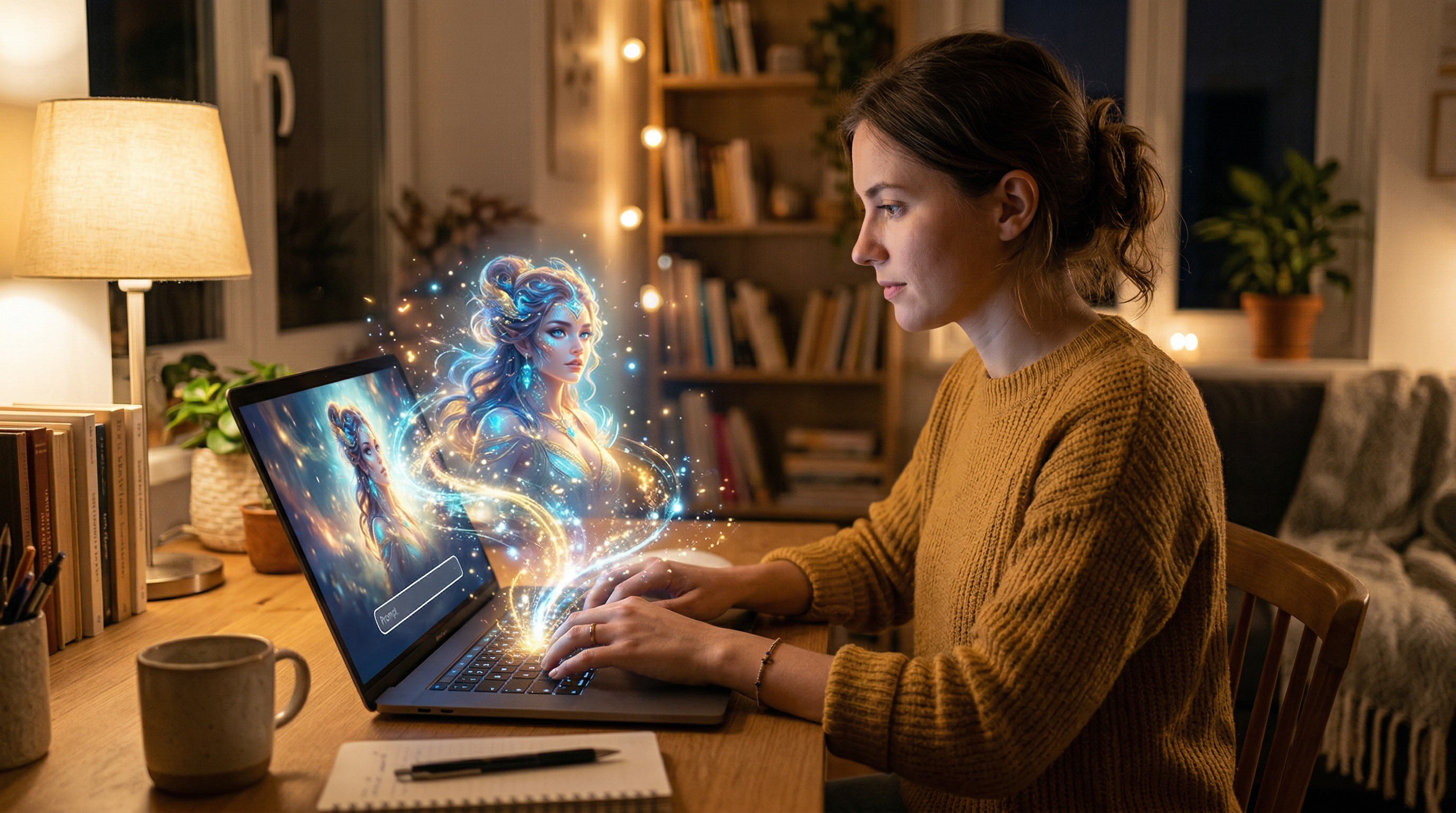 Девушка за ноутбуком пишет промпт, а на экране появляется ИИ-аватарка