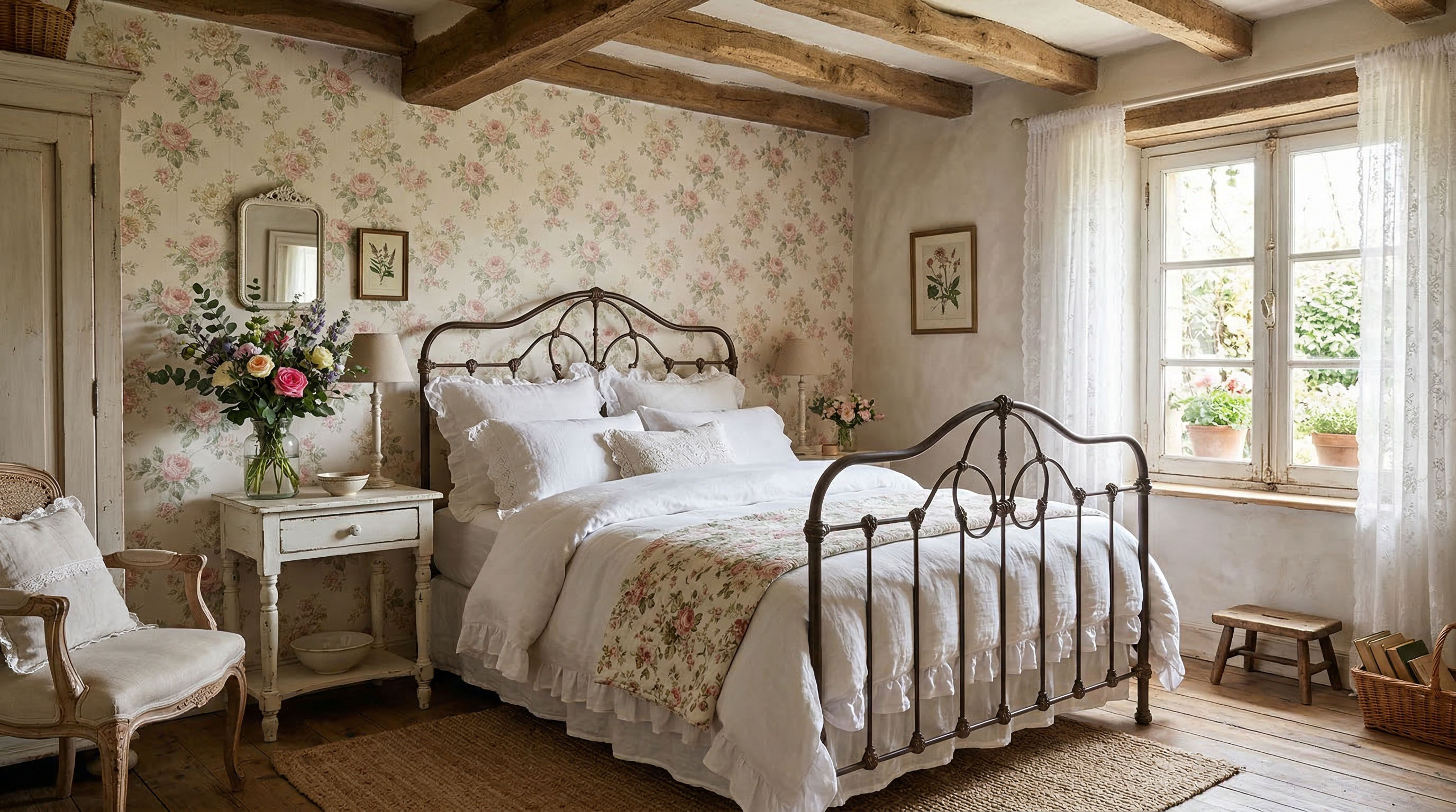 Спальня в стиле прованс — кованая кровать, цветочные обои и льняной текстиль