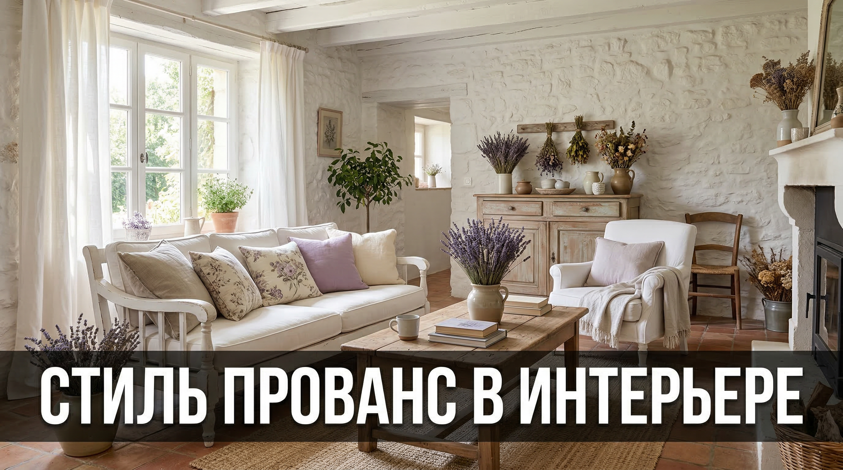 Стиль прованс в интерьере — гостиная с лавандовыми акцентами и белой мебелью