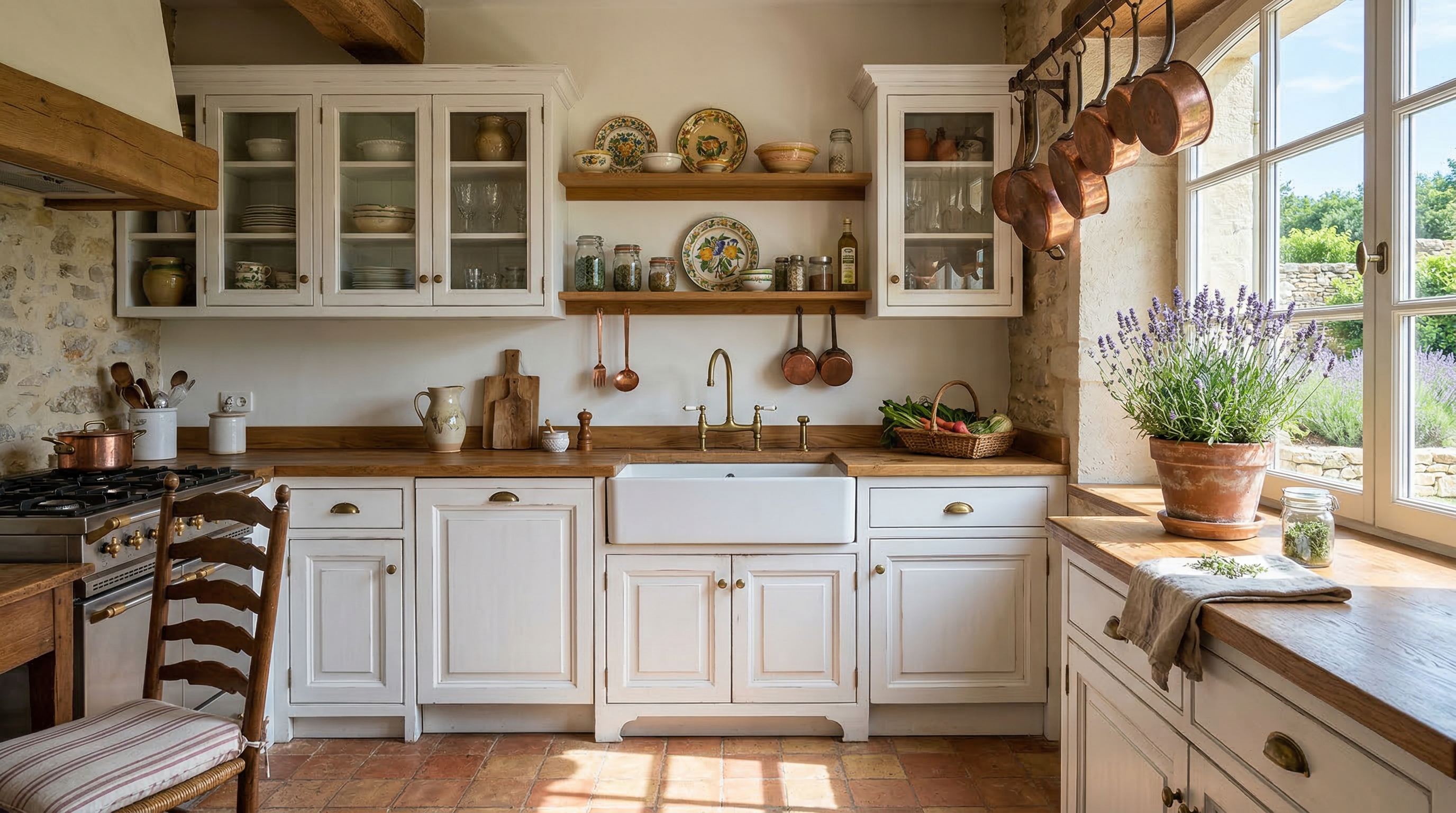 Кухня в стиле прованс — белые фасады, открытые полки с керамикой и лавандовый букет на подоконнике