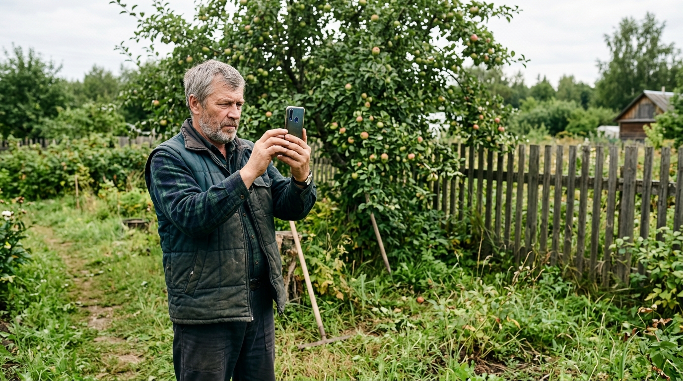 Хозяин фотографирует угол участка для примерки пруда