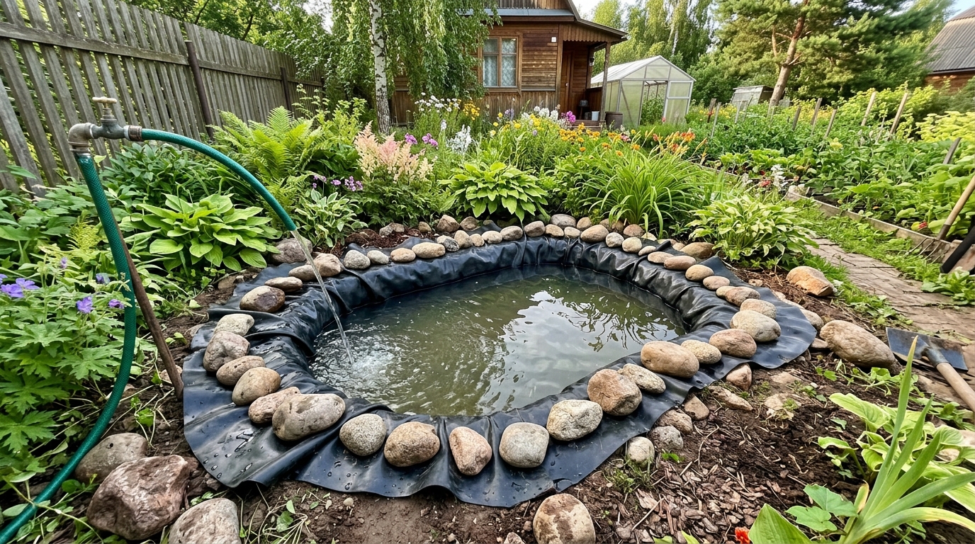 Маленький пруд из плёнки EPDM с камнями по краю на даче