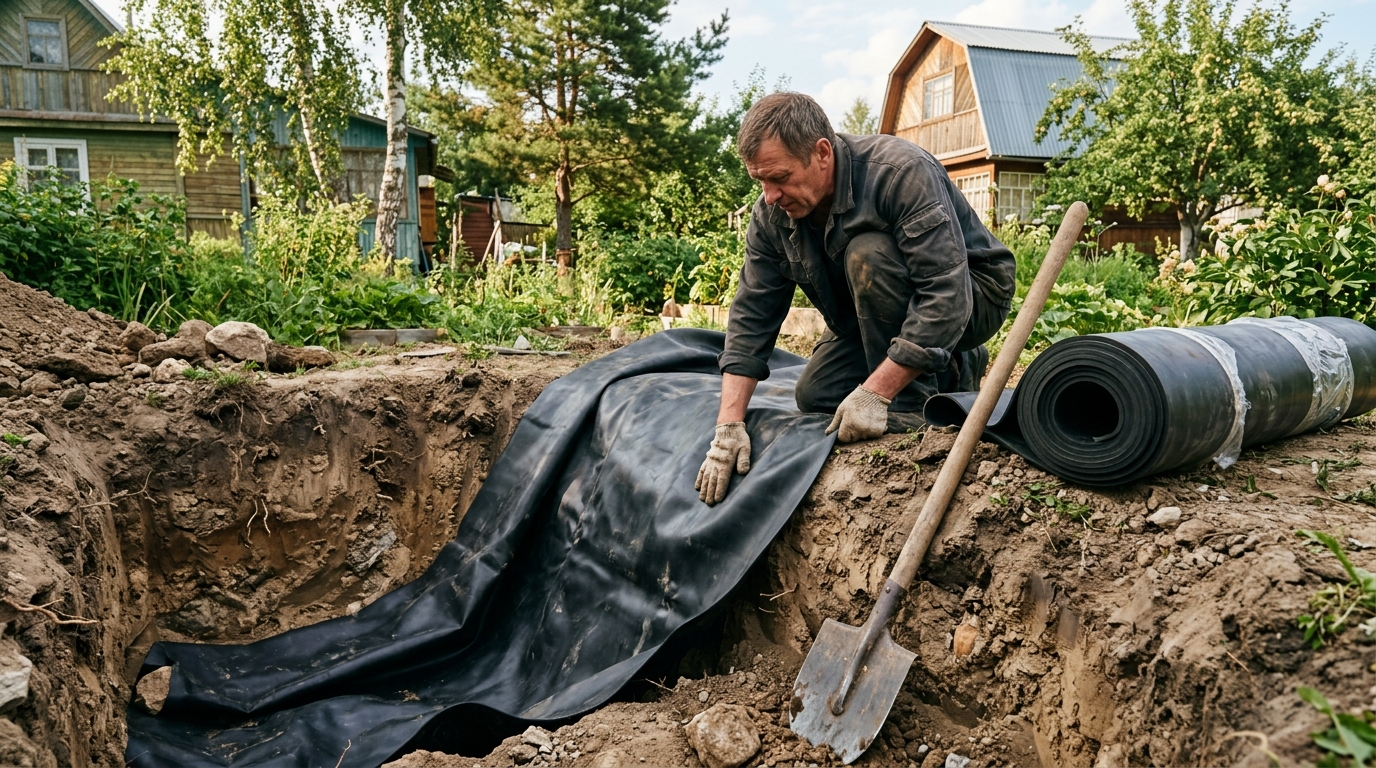 Укладка чёрной плёнки EPDM в выкопанный котлован пруда