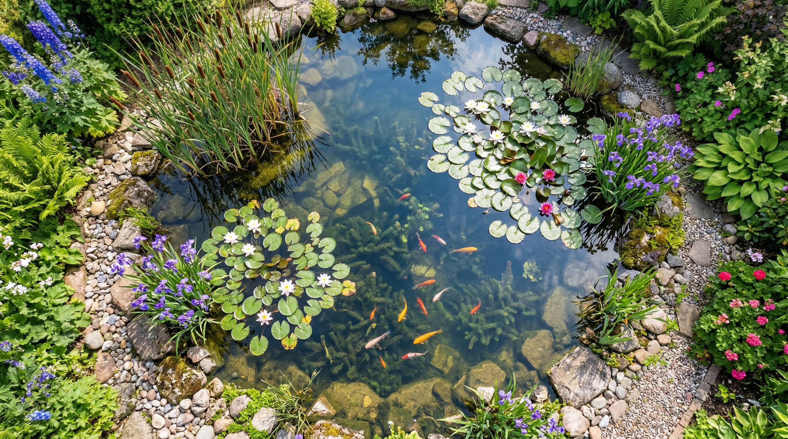 Водные растения в пруду — кувшинки, ирисы, рогоз, элодея, золотые рыбки
