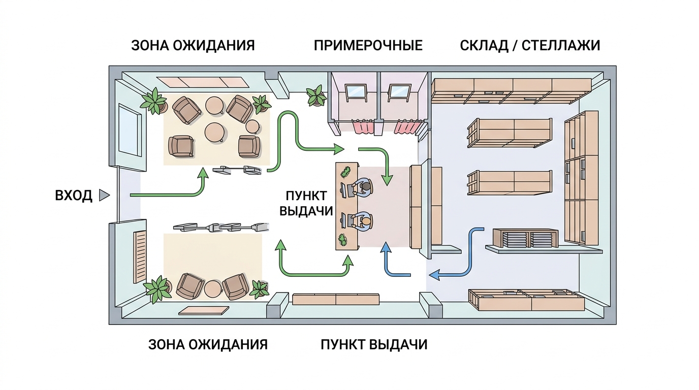 Схема зонирования зала пункта выдачи заказов