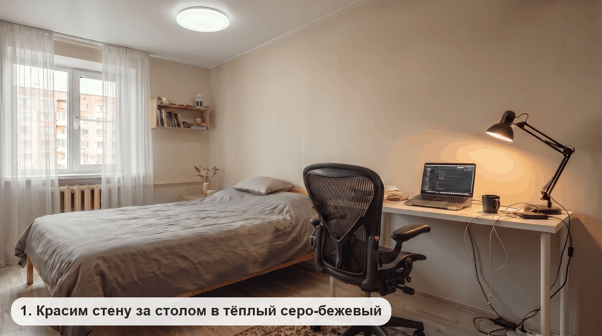 Стена за рабочим столом в теплом серо-бежевом глубокоматовом цвете