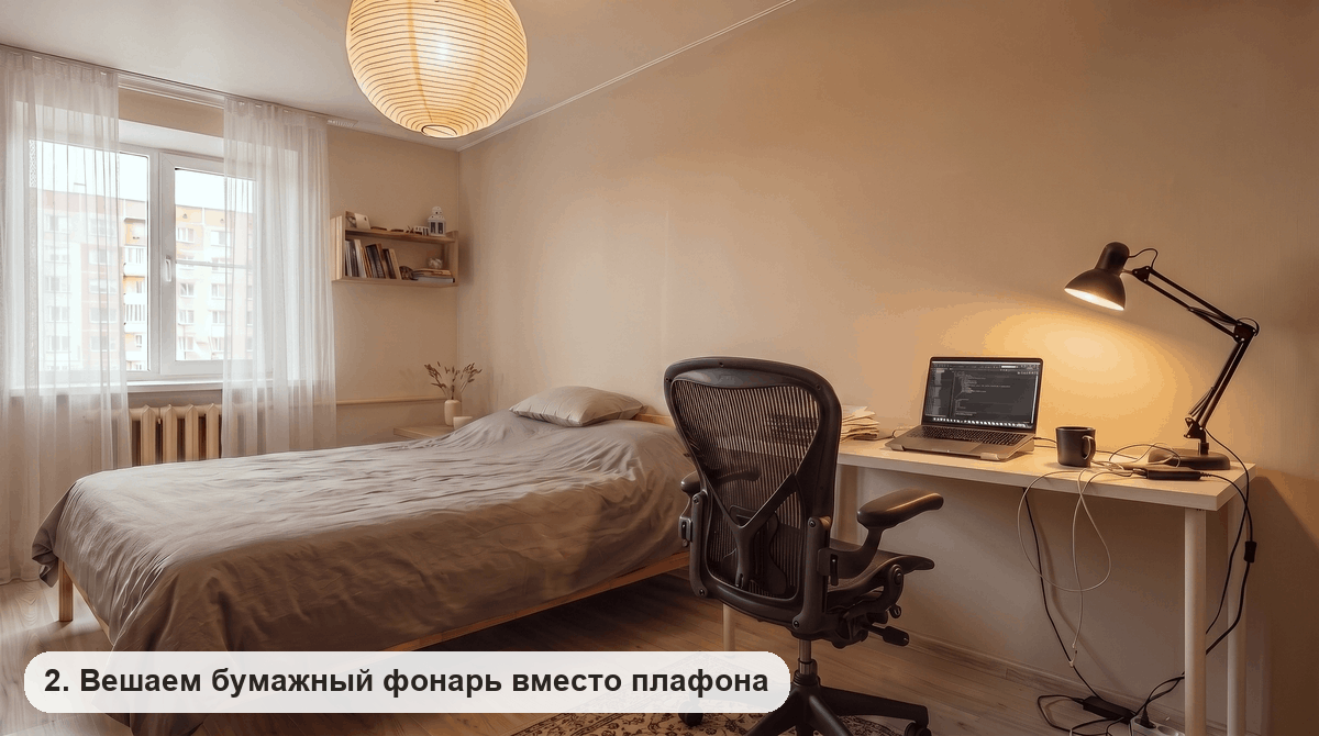 Спальня с большим абажуром-шаром из рисовой бумаги под потолком
