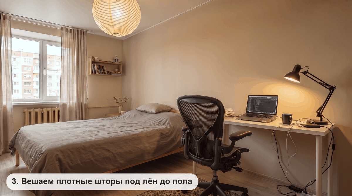 Окно спальни со шторами под лен овсяного цвета до пола