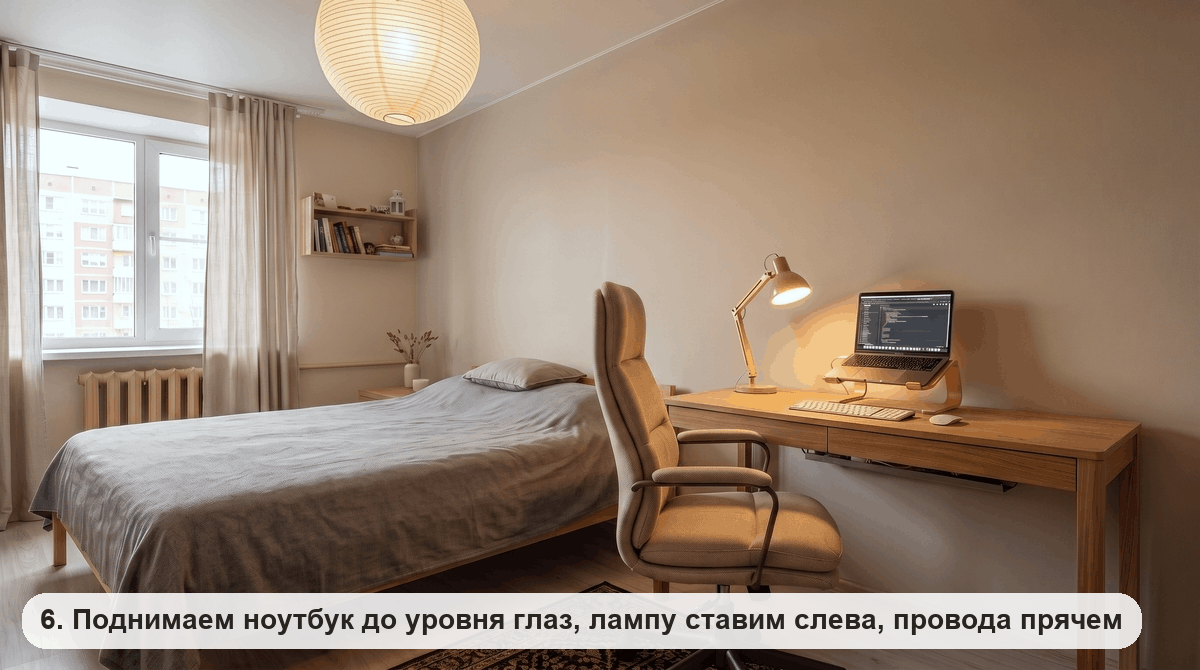 Ноутбук на деревянной подставке, отдельная клавиатура и мышь, настольная лампа слева от экрана