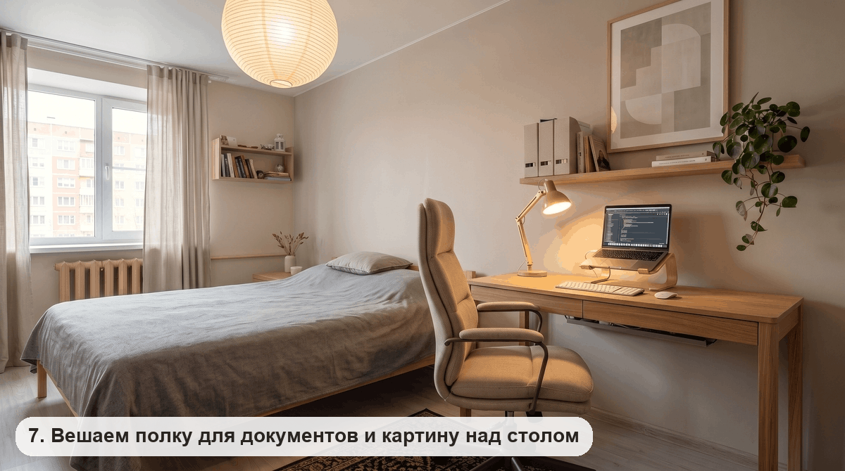 Полка над рабочим столом с коробами для документов, книгами и вьющимся растением, выше абстрактный холст