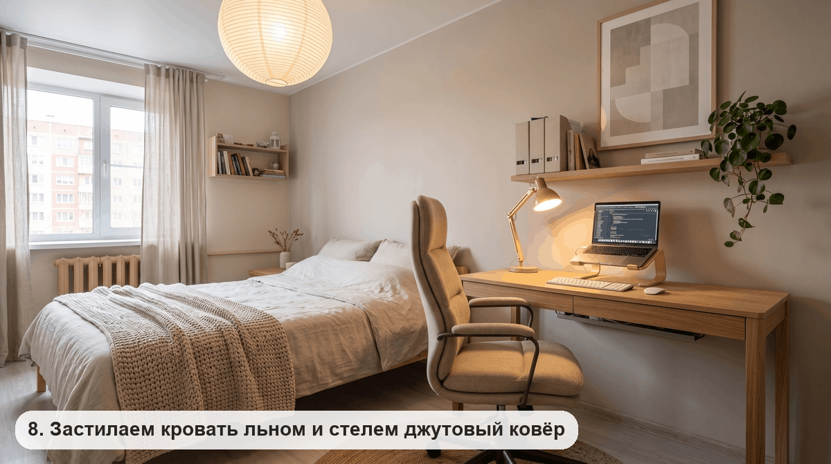 Кровать в белье овсяного цвета с вязаным пледом, круглая циновка под креслом