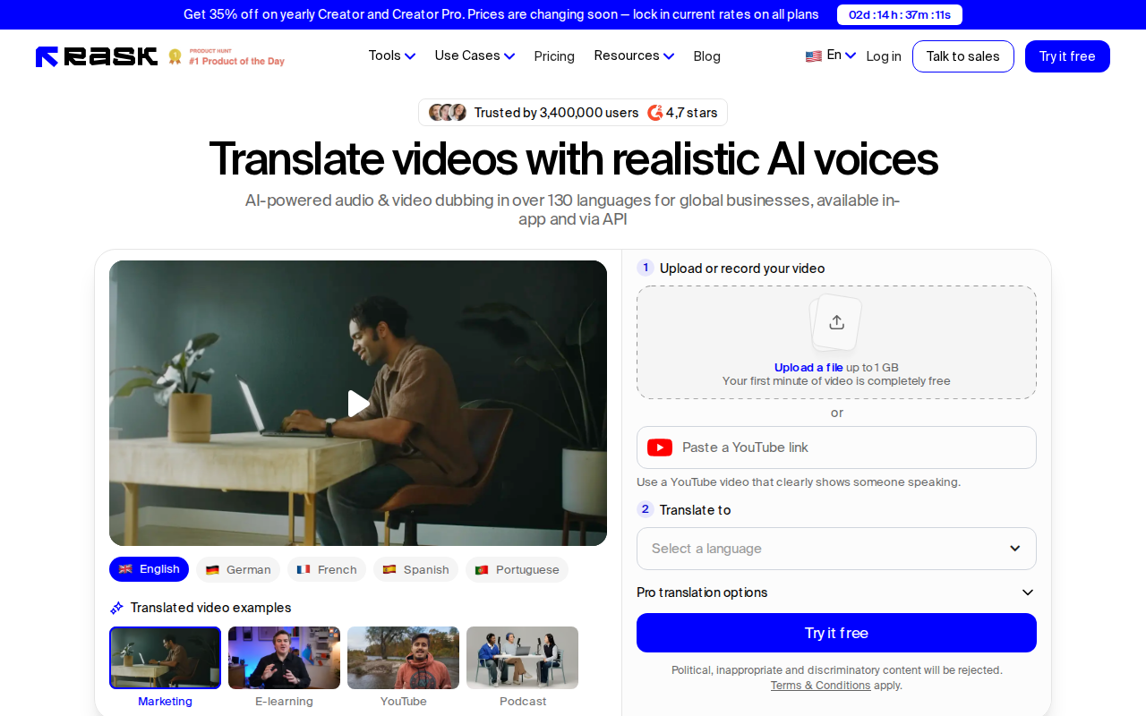 Скриншот Rask AI — сервис для профессионального перевода и дубляжа видео с ИИ