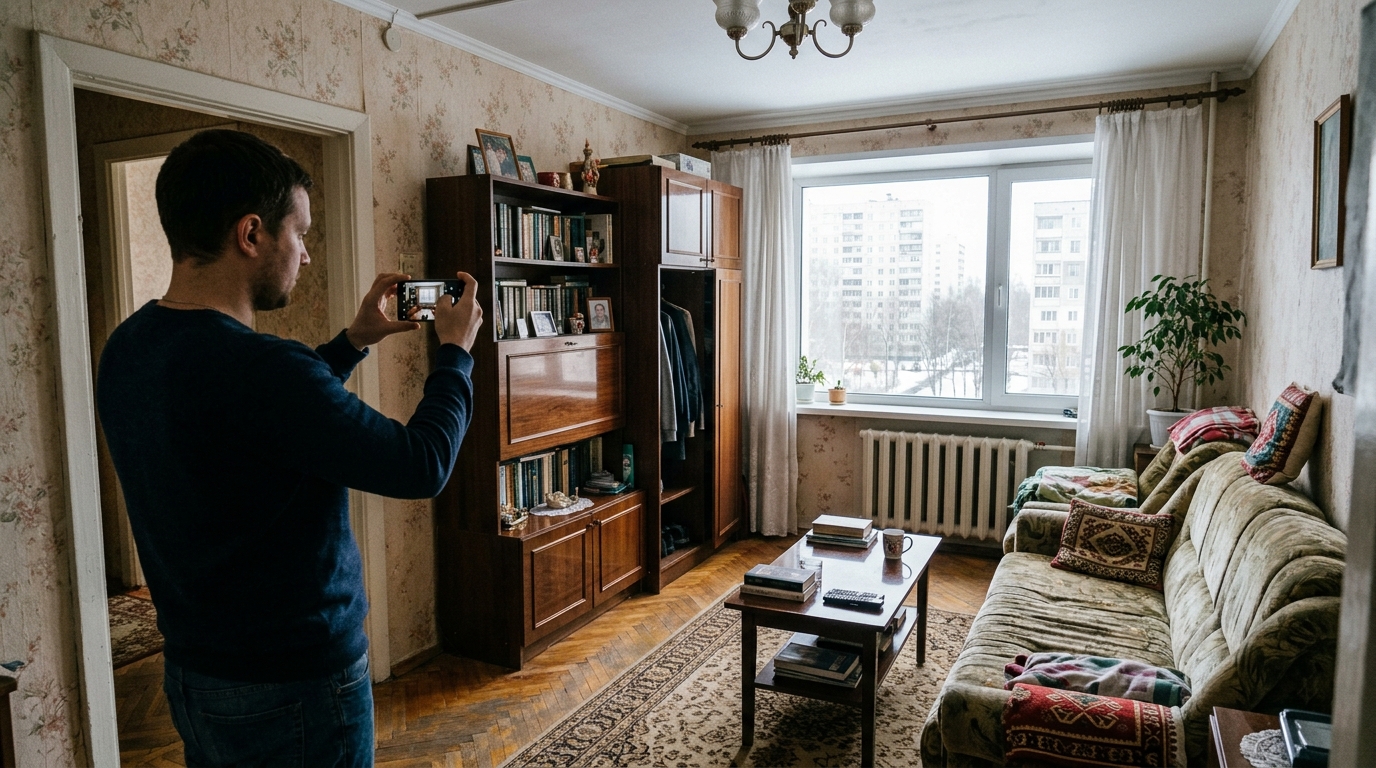 Человек фотографирует свою комнату на смартфон для примерки расстановки мебели