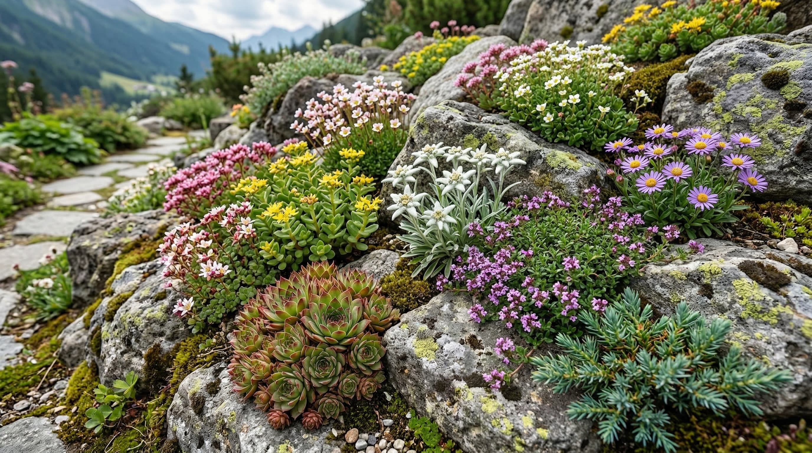 Альпийские растения среди камней — молодило, очиток, камнеломка, эдельвейс