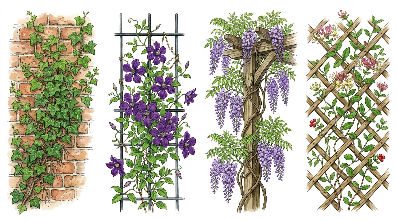 Виды вьющихся растений для вертикального озеленения: плющ, клематис, глициния, жимолость