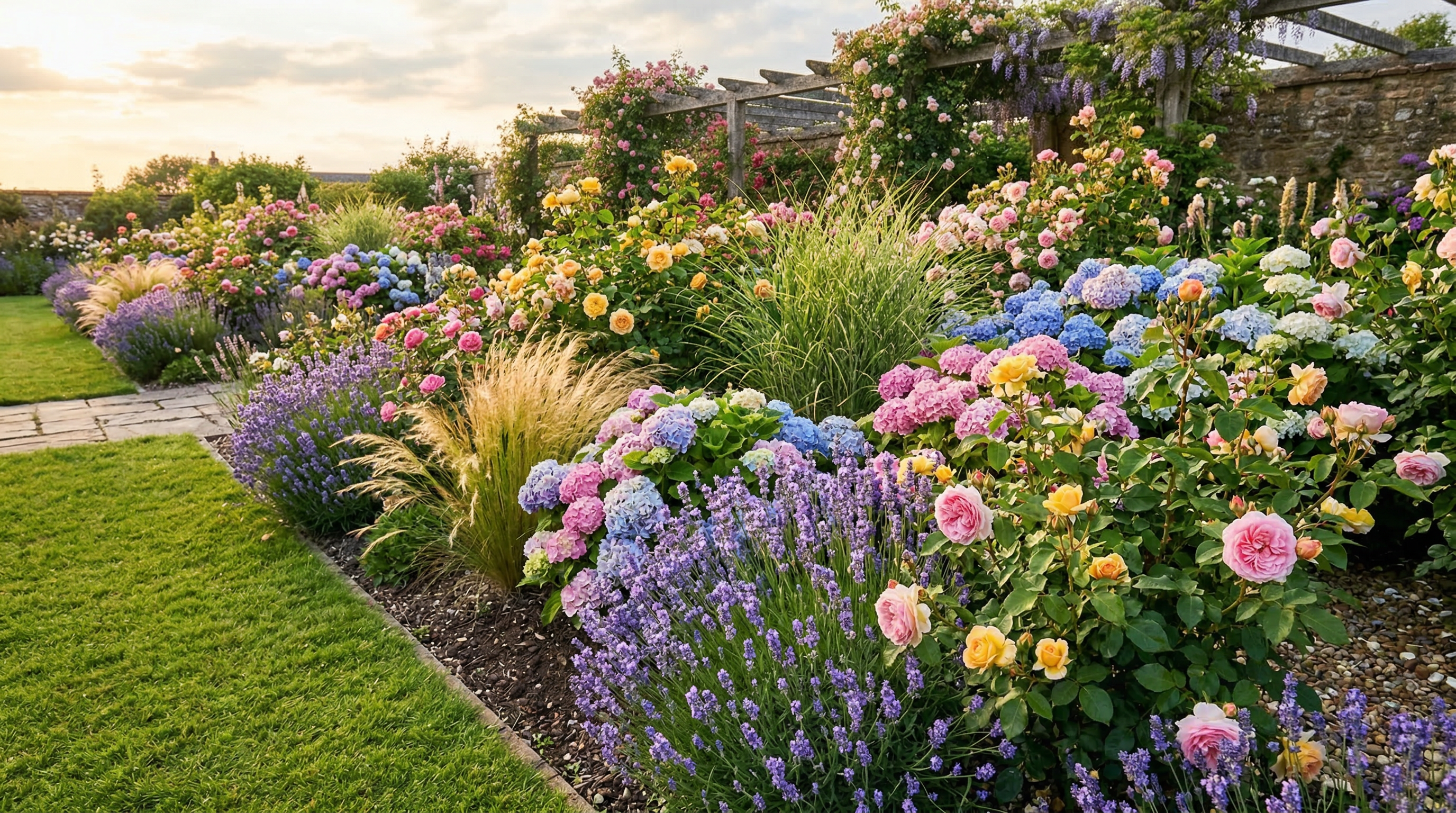 Цветник с многолетниками — лаванда, гортензии, розы и декоративные злаки