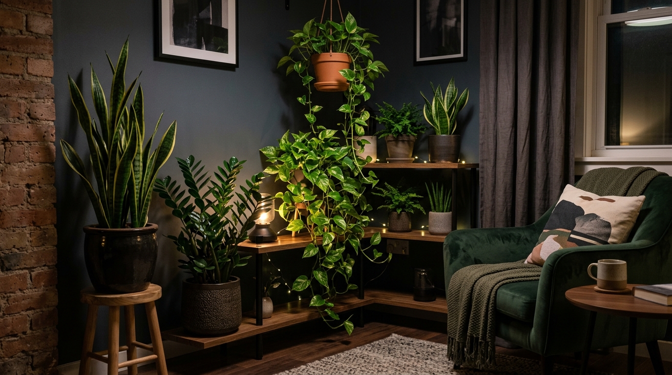 Теневыносливые растения в углу комнаты