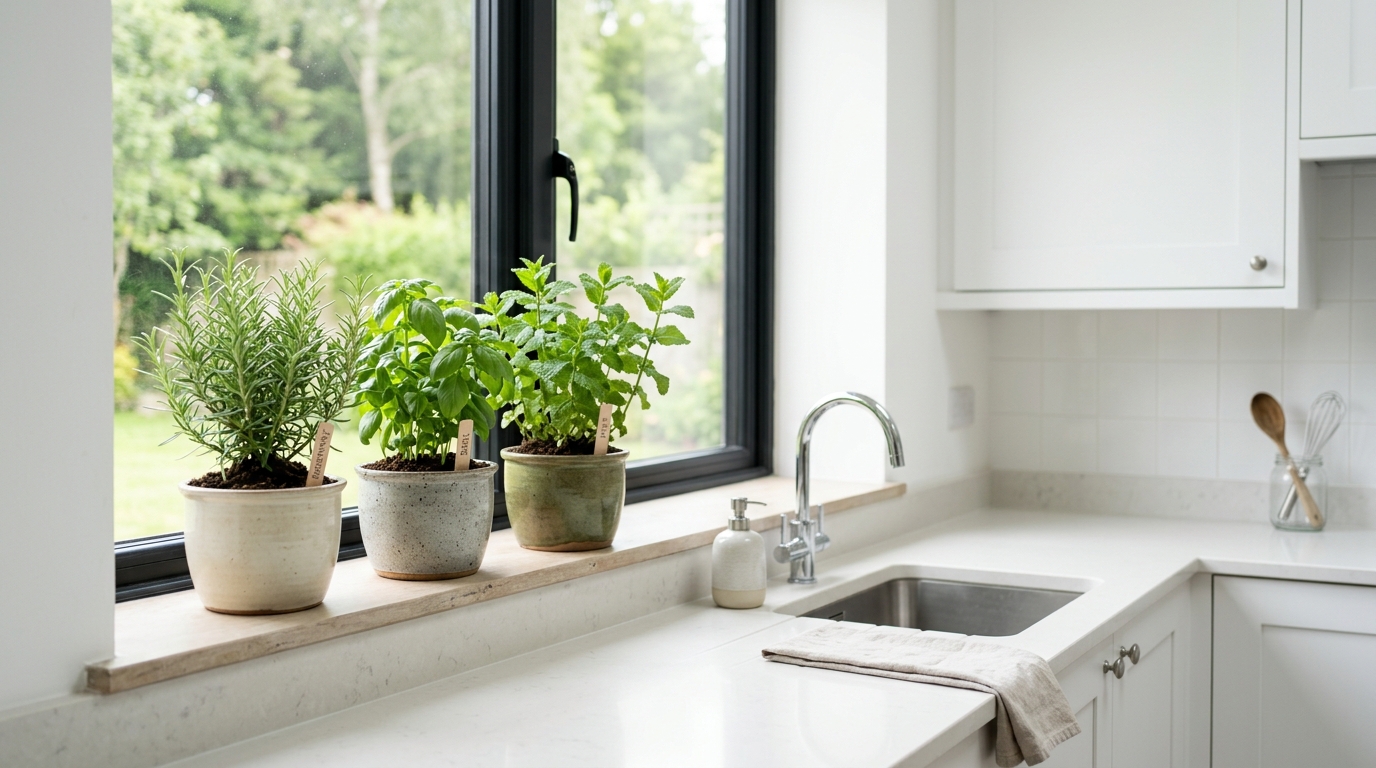 Пряные травы на подоконнике кухни