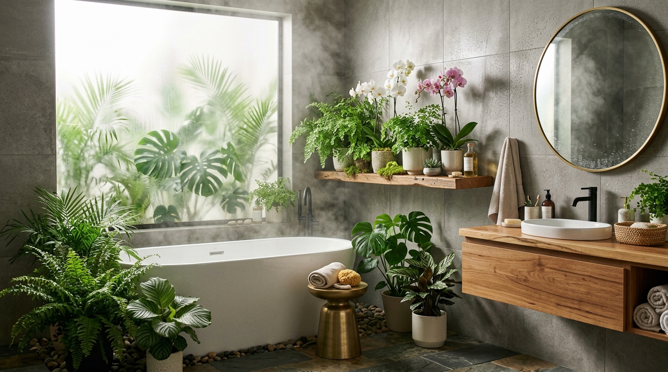 Тропические растения в интерьере ванной