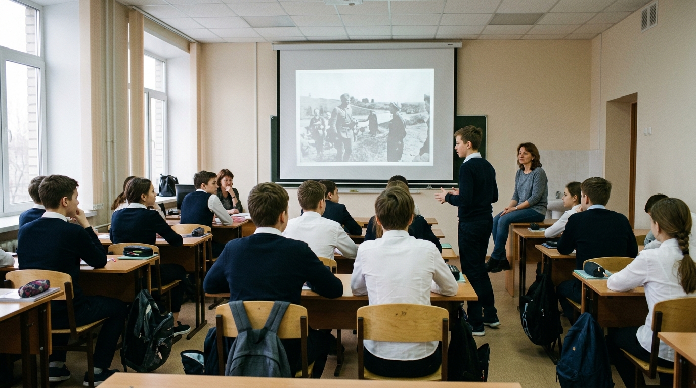 Старшие подростки в классе, один стоит и говорит, на экране документальная фотография