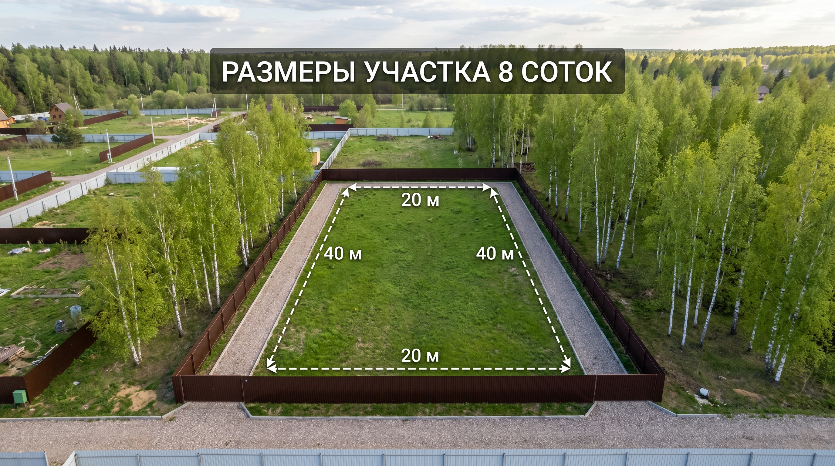 Стандартные размеры участка 8 соток — прямоугольник 20 на 40 метров