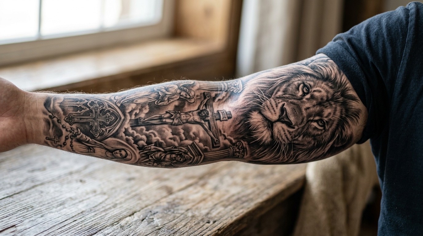 Black and grey реализм на плече — лев и религиозные мотивы