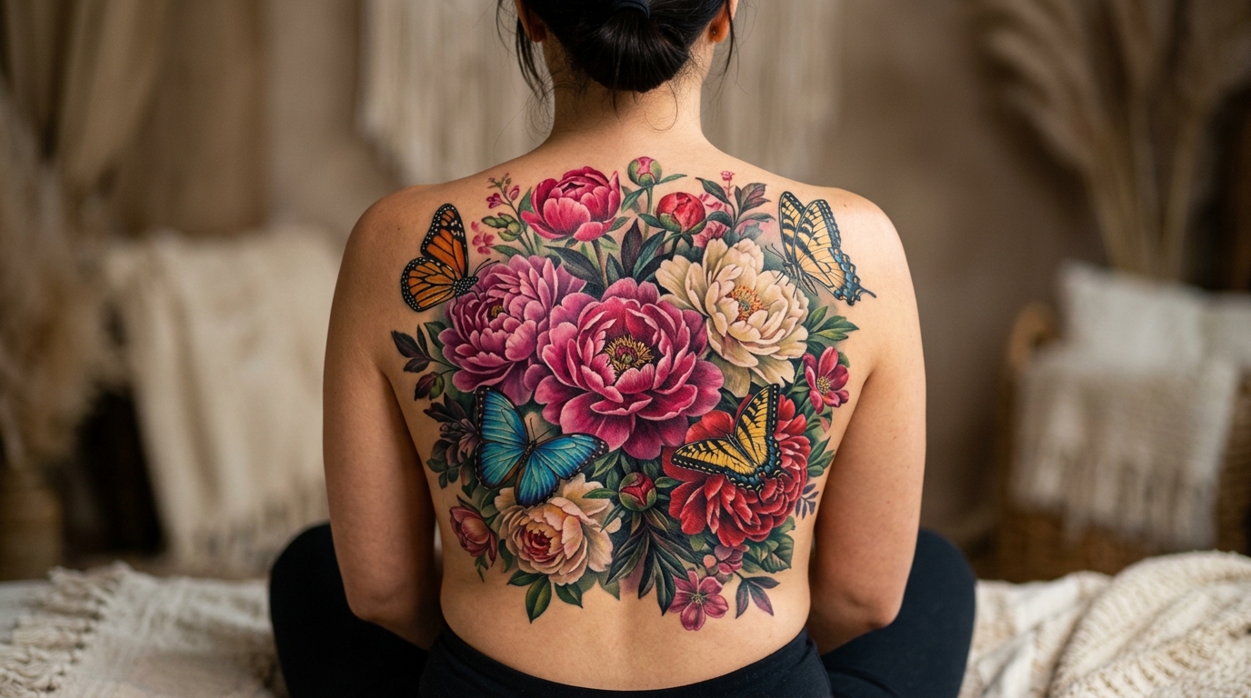 Реалистичное цветное тату с пионами и бабочками на женской спине