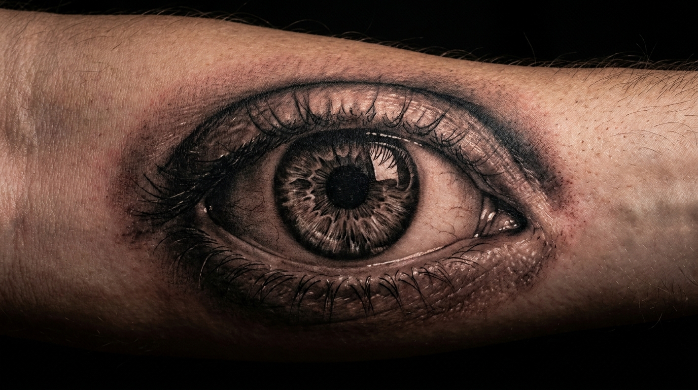 Макро-деталь реалистичного тату глаза с проработкой радужки