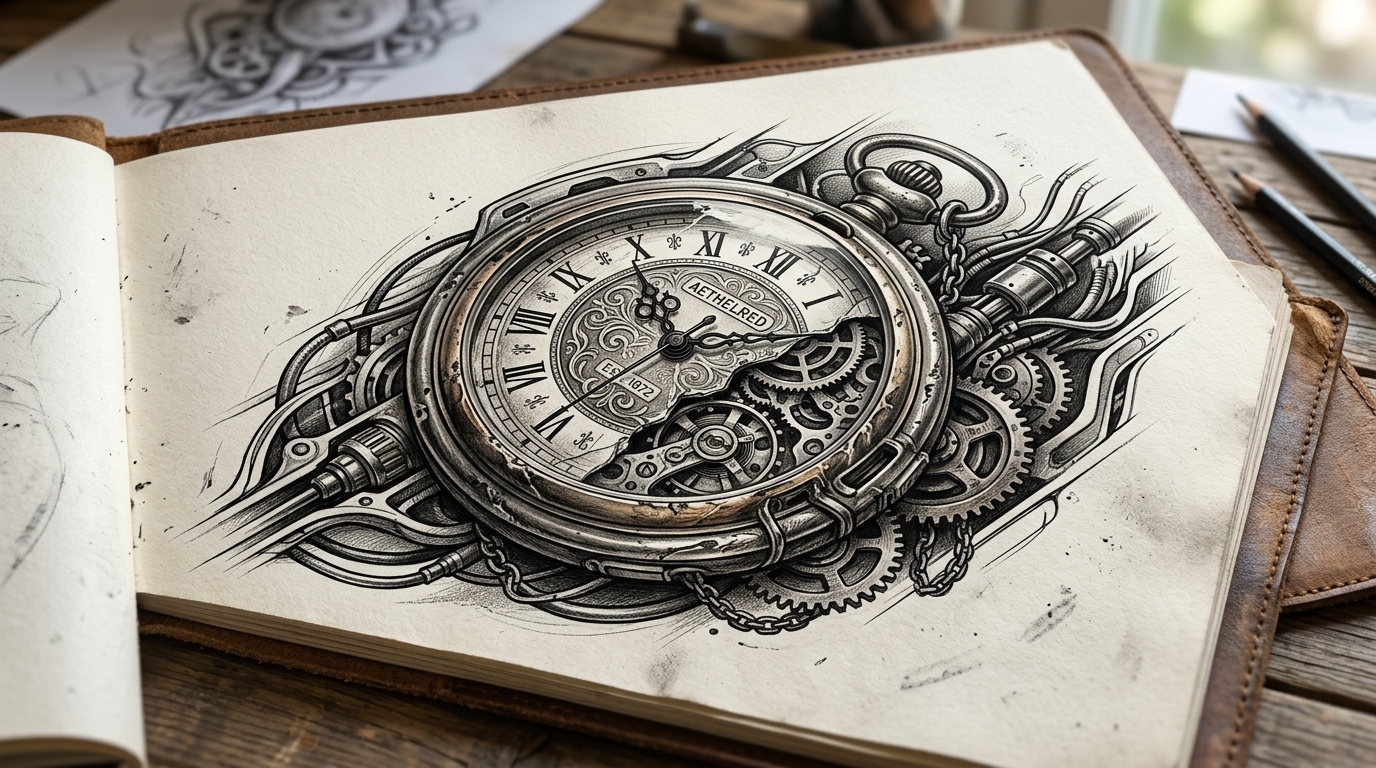 Эскиз реалистичных антикварных карманных часов с шестерёнками