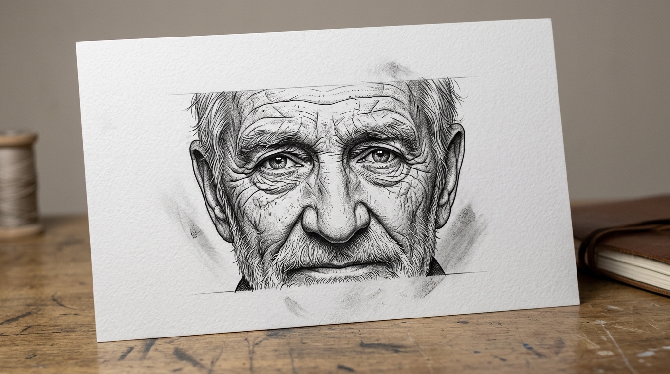 Эскиз реалистичного портрета пожилого мужчины в стиле black and grey