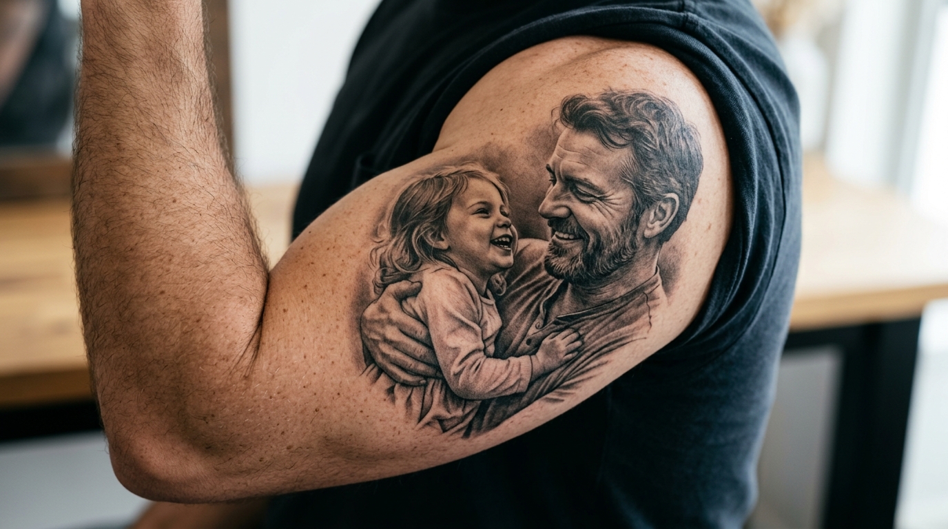 Заживший реалистичный портрет на плече мужчины