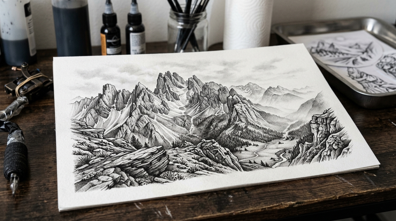 Эскиз реалистичного горного пейзажа в black and grey