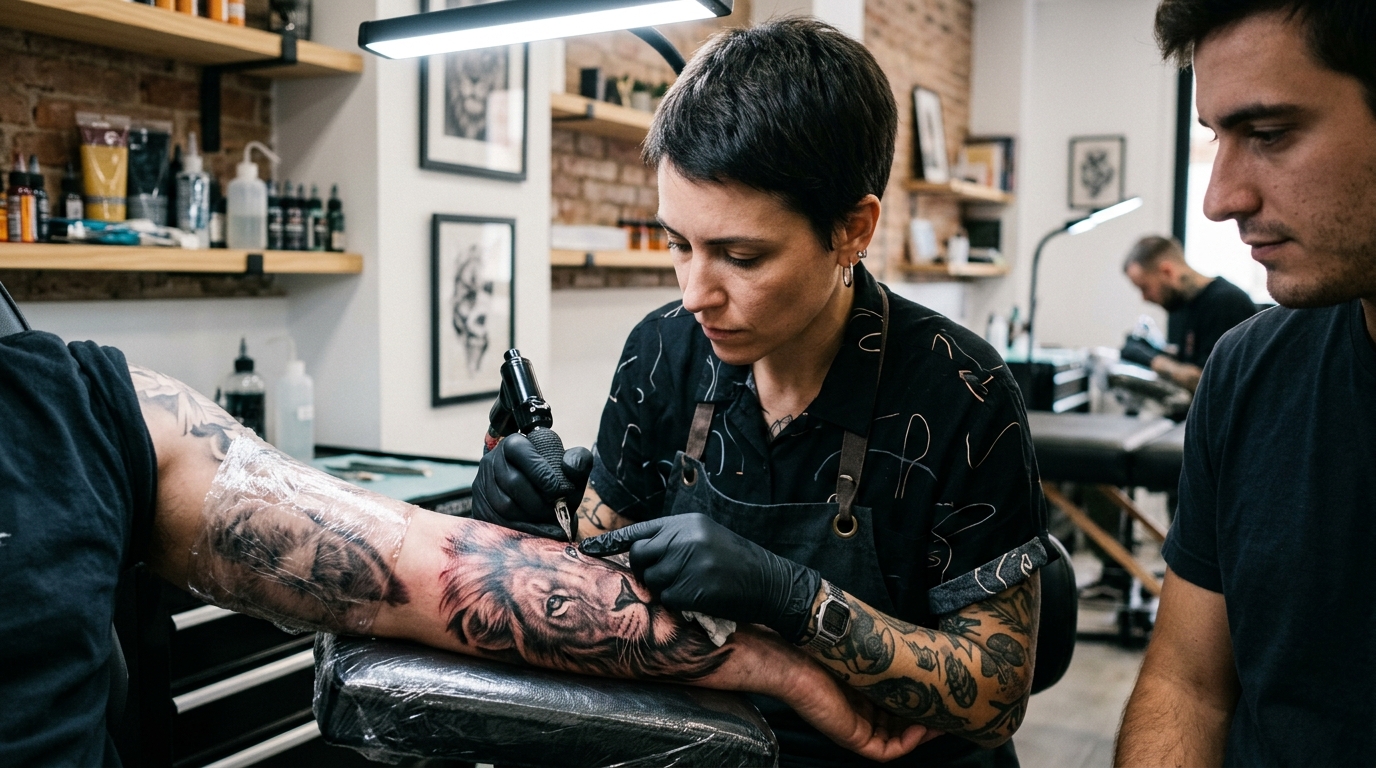 Процесс нанесения реалистичного тату в студии