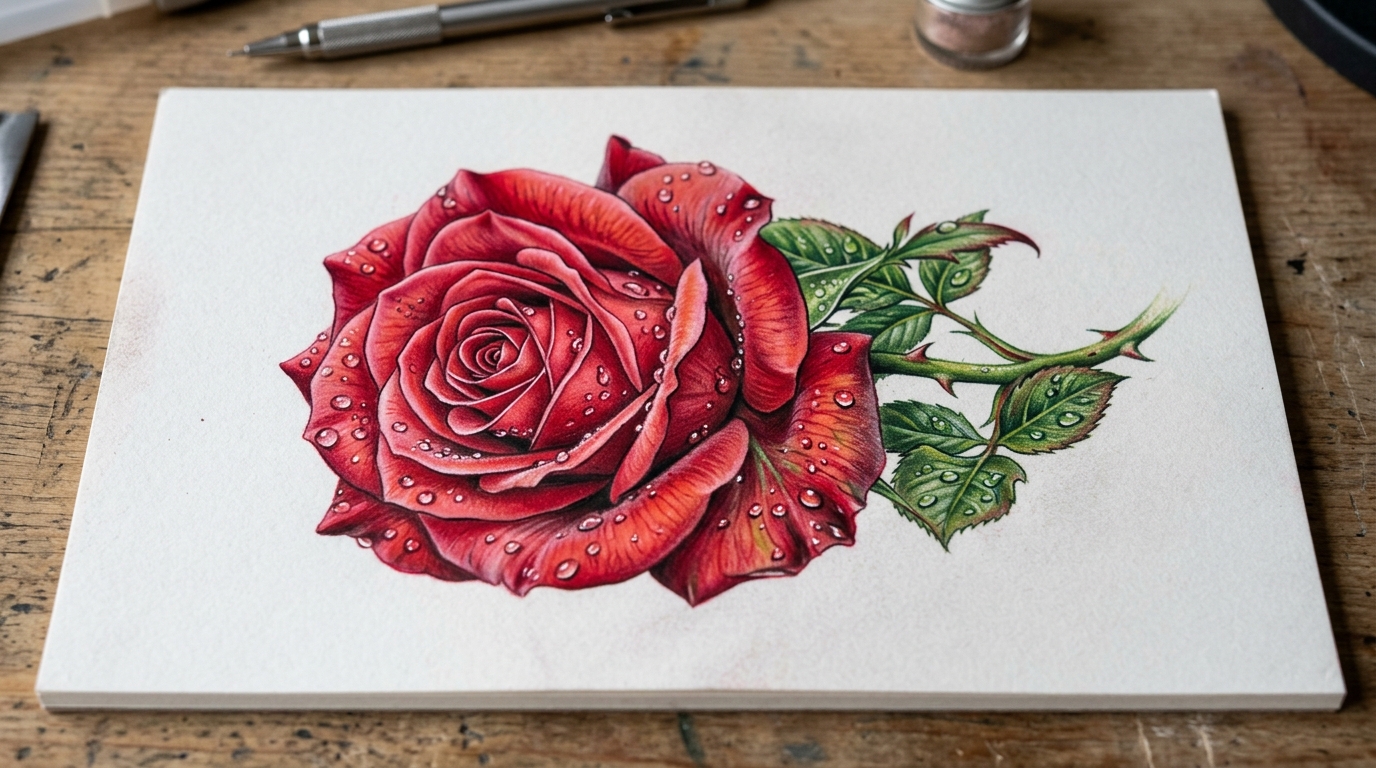 Эскиз цветной реалистичной розы с каплями росы