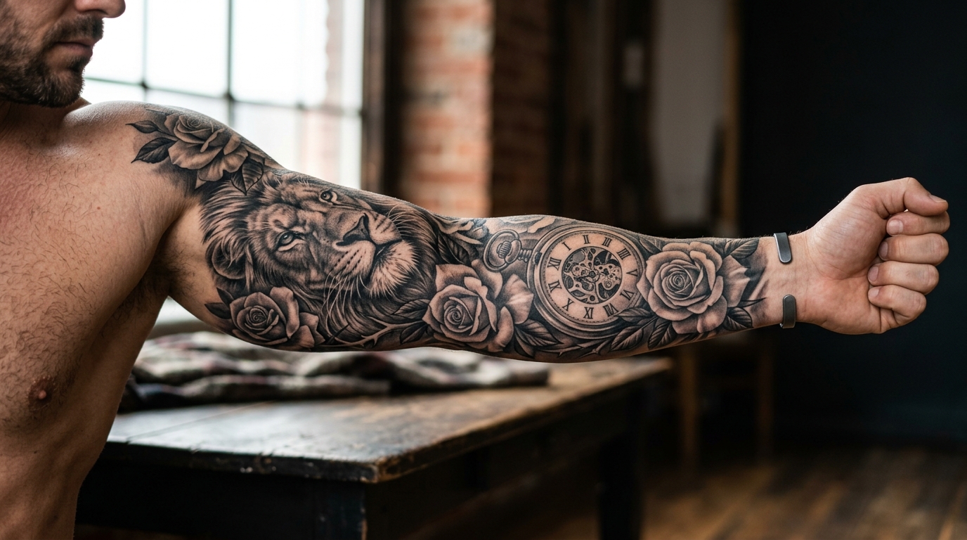 Заживший реалистичный рукав на руке — лев, часы, розы
