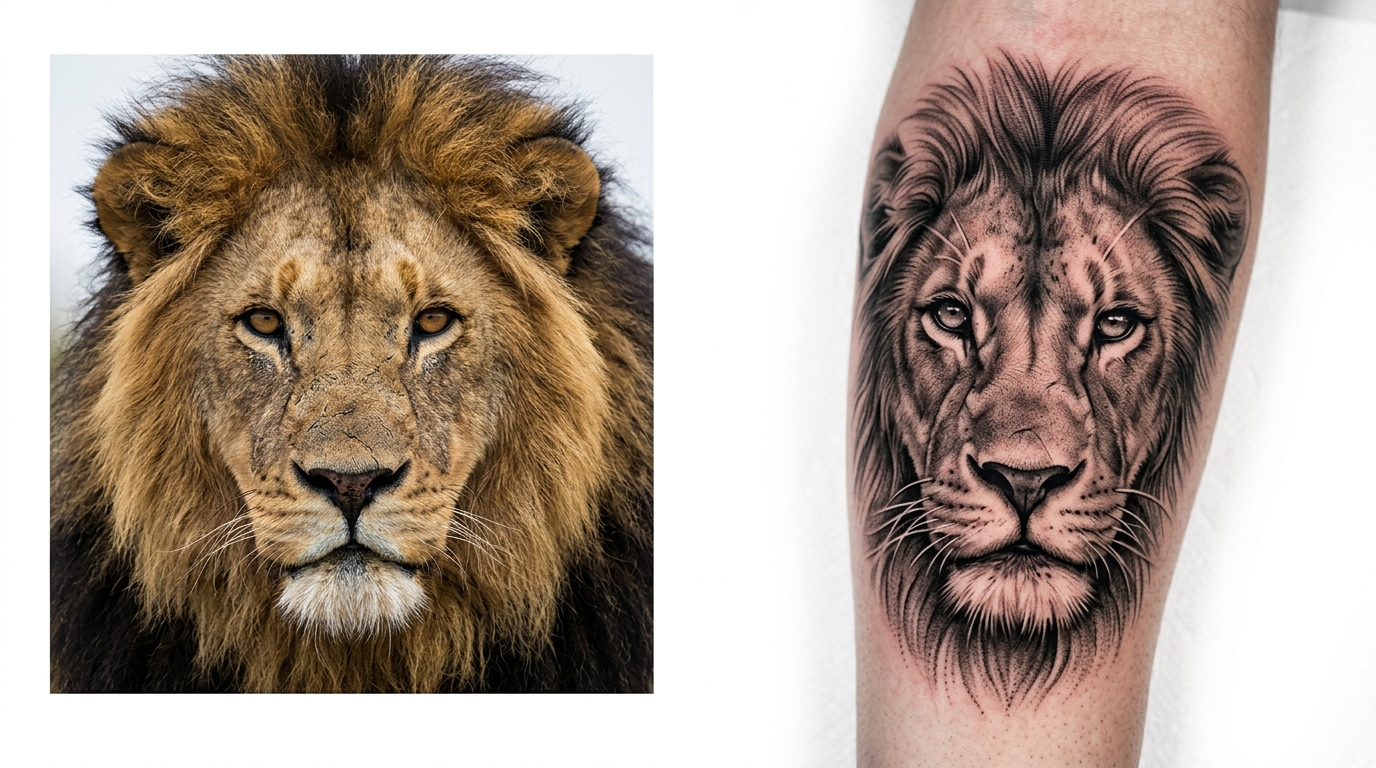 Сравнение фотографии-референса и реалистичного эскиза тату
