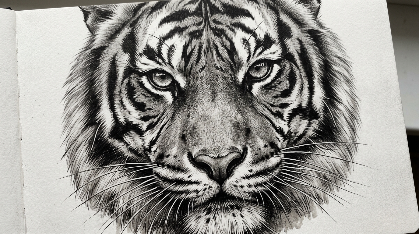 Эскиз реалистичной морды тигра с проработкой шерсти