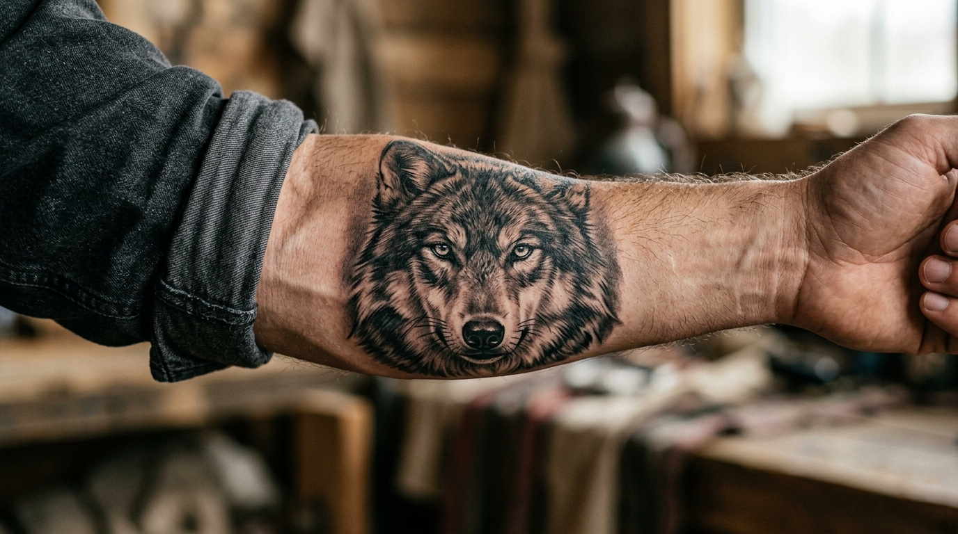 Реалистичное тату волка на мужском предплечье