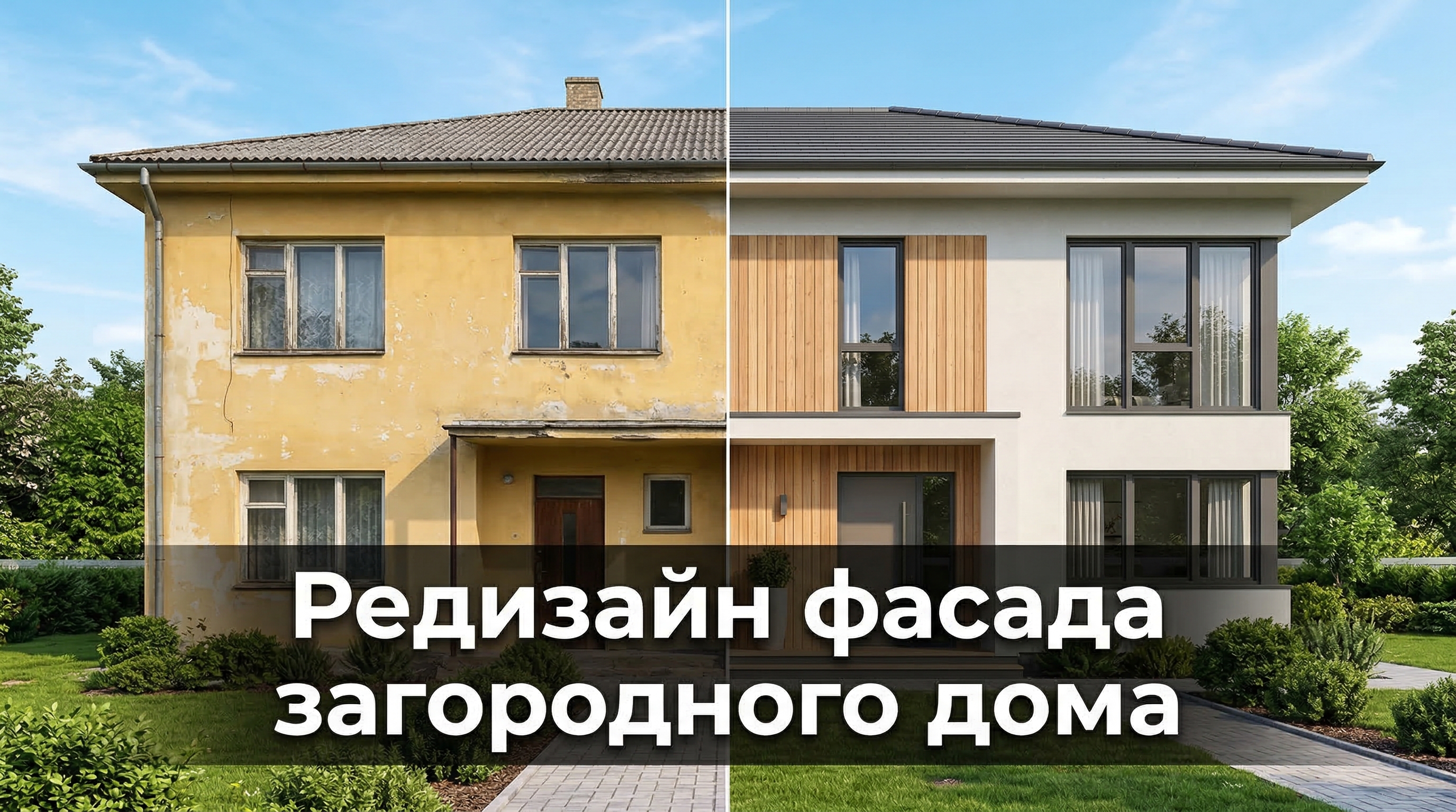 Редизайн фасада загородного дома: до и после — старый фасад слева, современный обновлённый справа