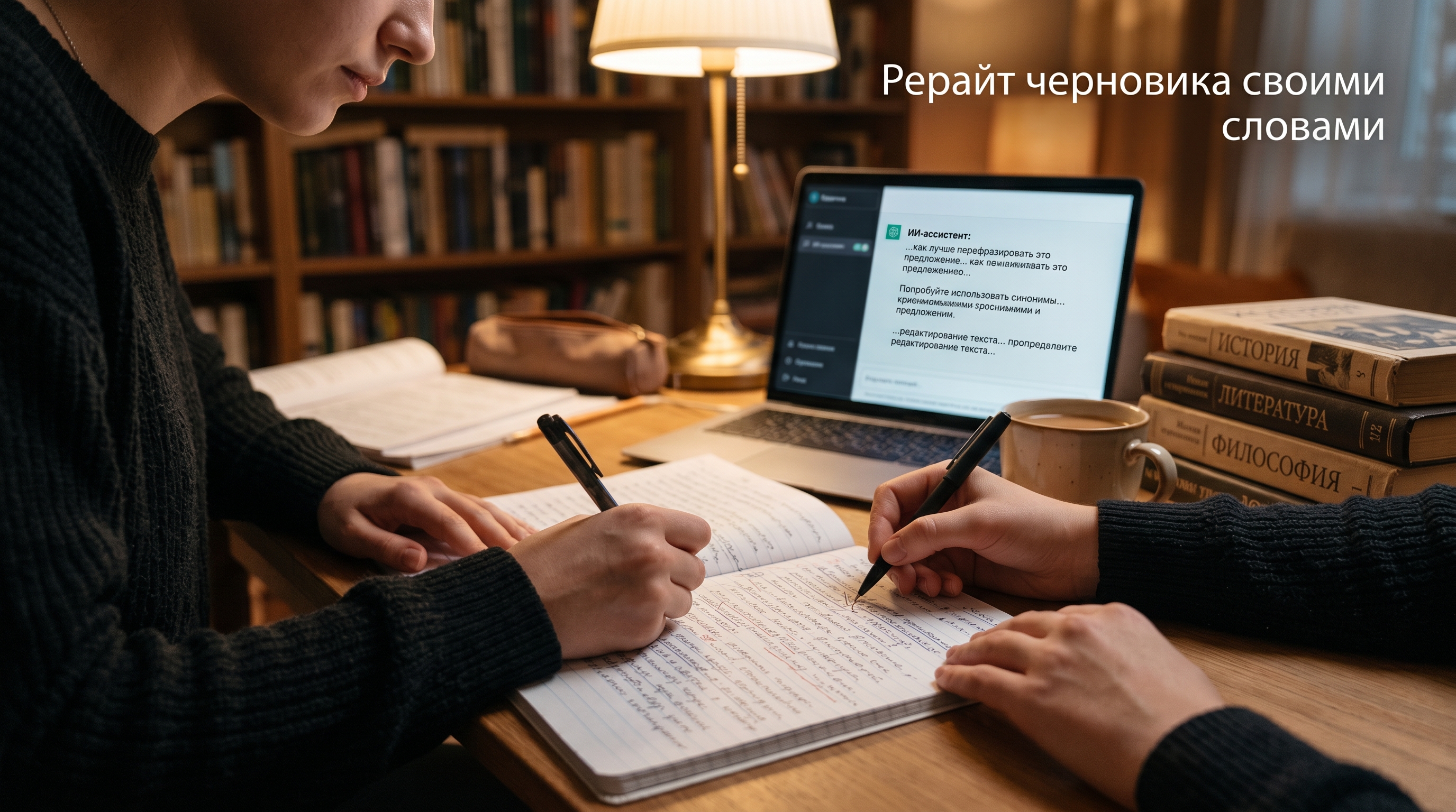 Студент рерайтит черновик реферата своими словами с помощью ИИ-помощника