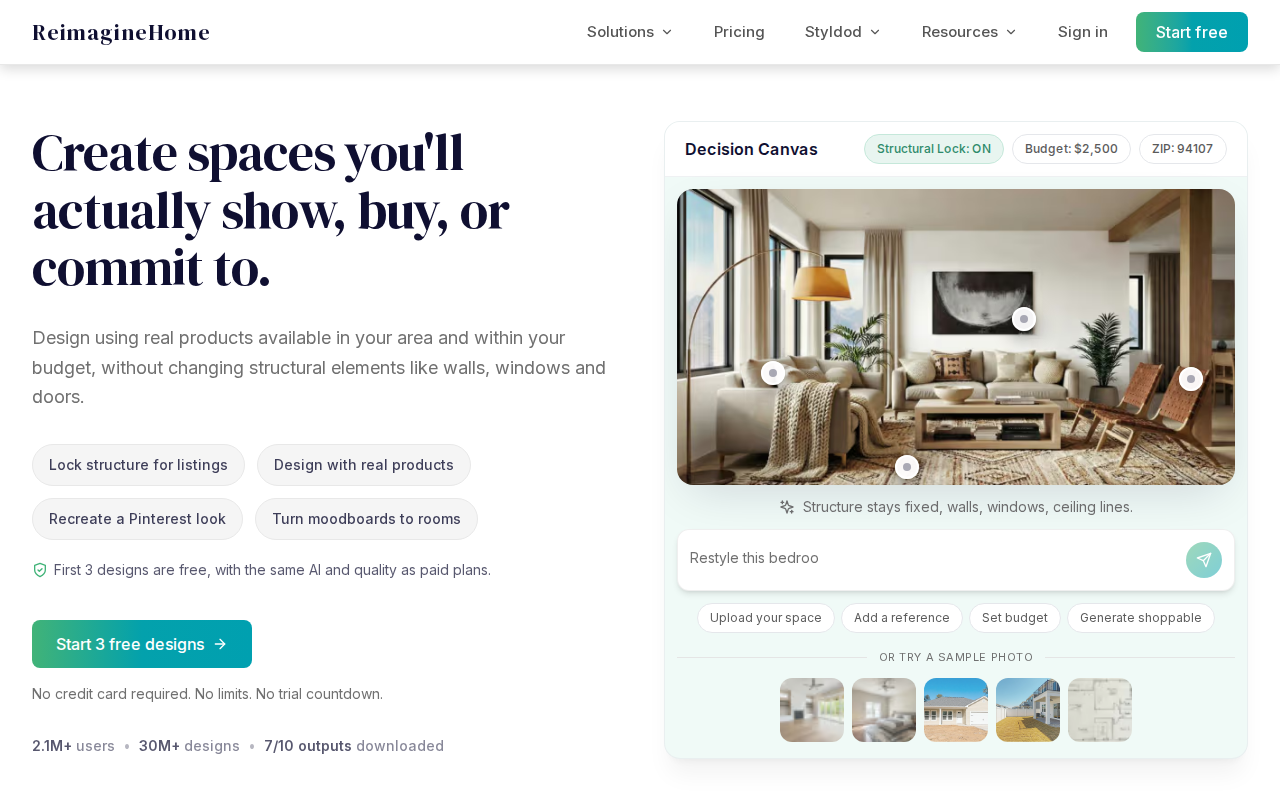 Скриншот главной страницы REimagineHome — сервис для виртуального дизайна пространств