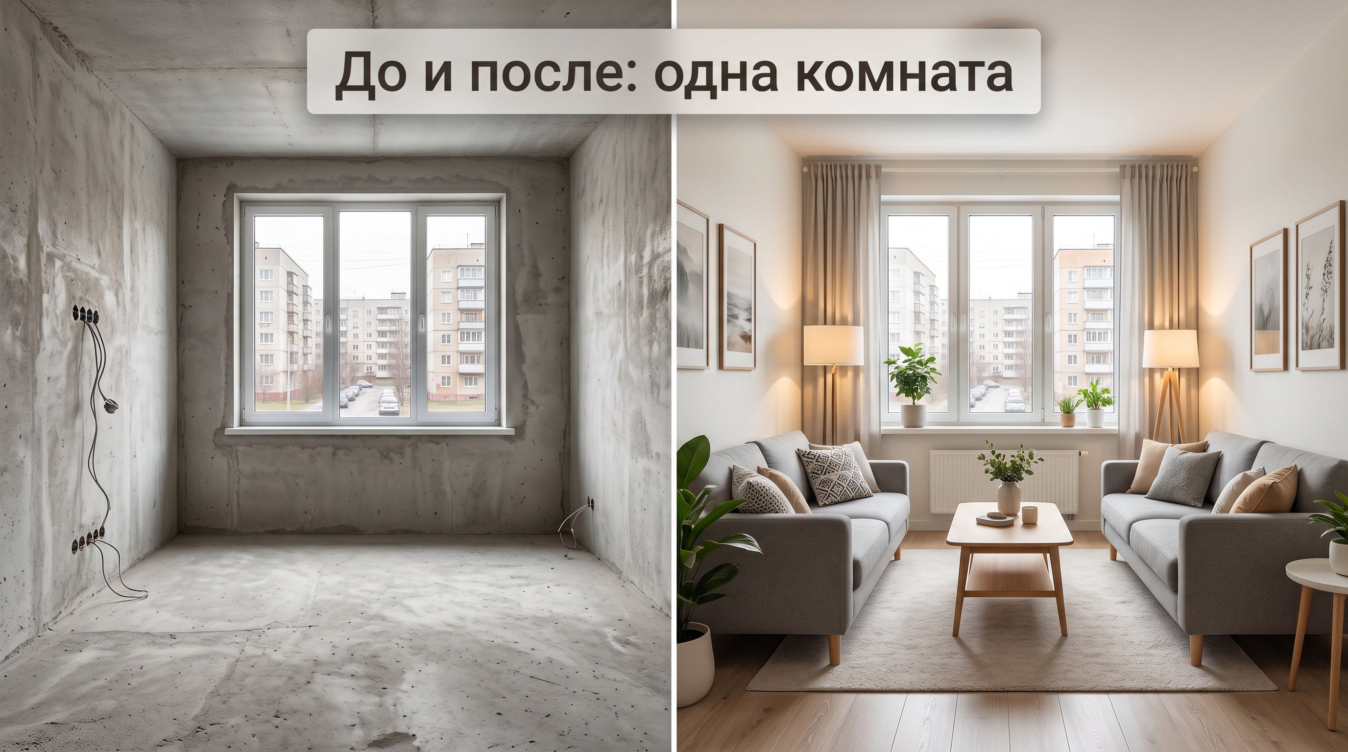 До и после: одна и та же комната — голые стены и готовый интерьер