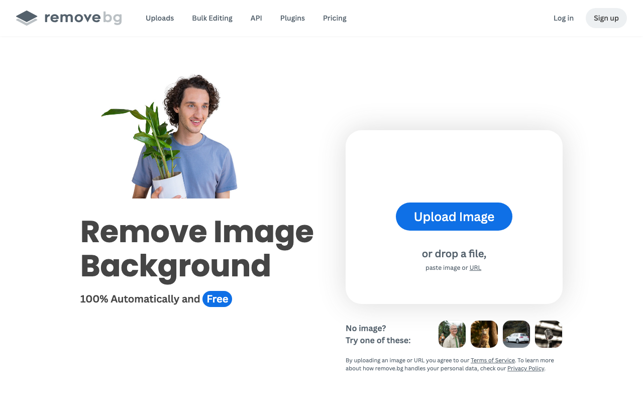 Скриншот главной страницы Remove.bg — сервис для автоматического удаления фона с фото