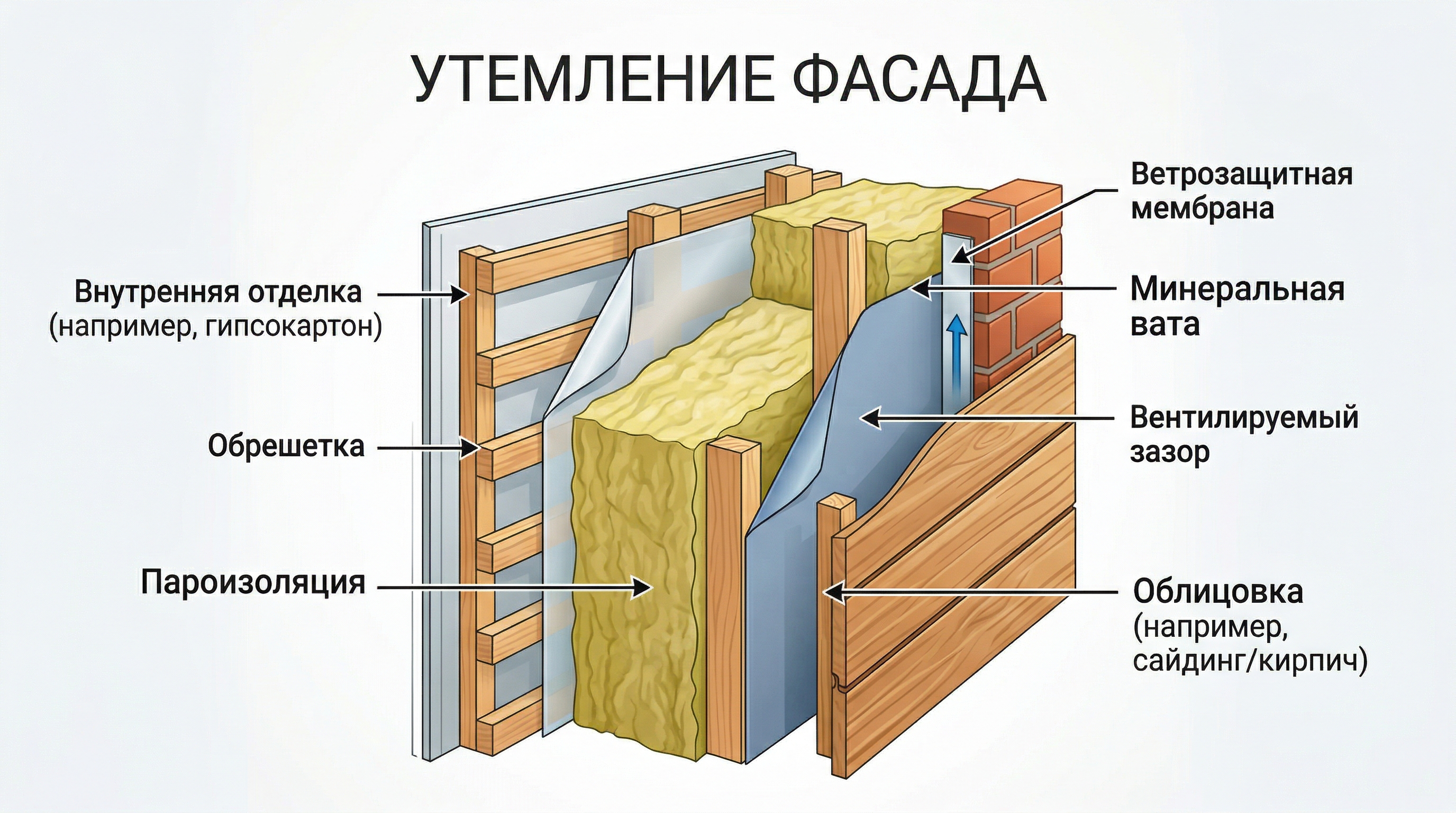 Слои утепления фасада: стена, утеплитель, мембрана, обрешётка, сайдинг
