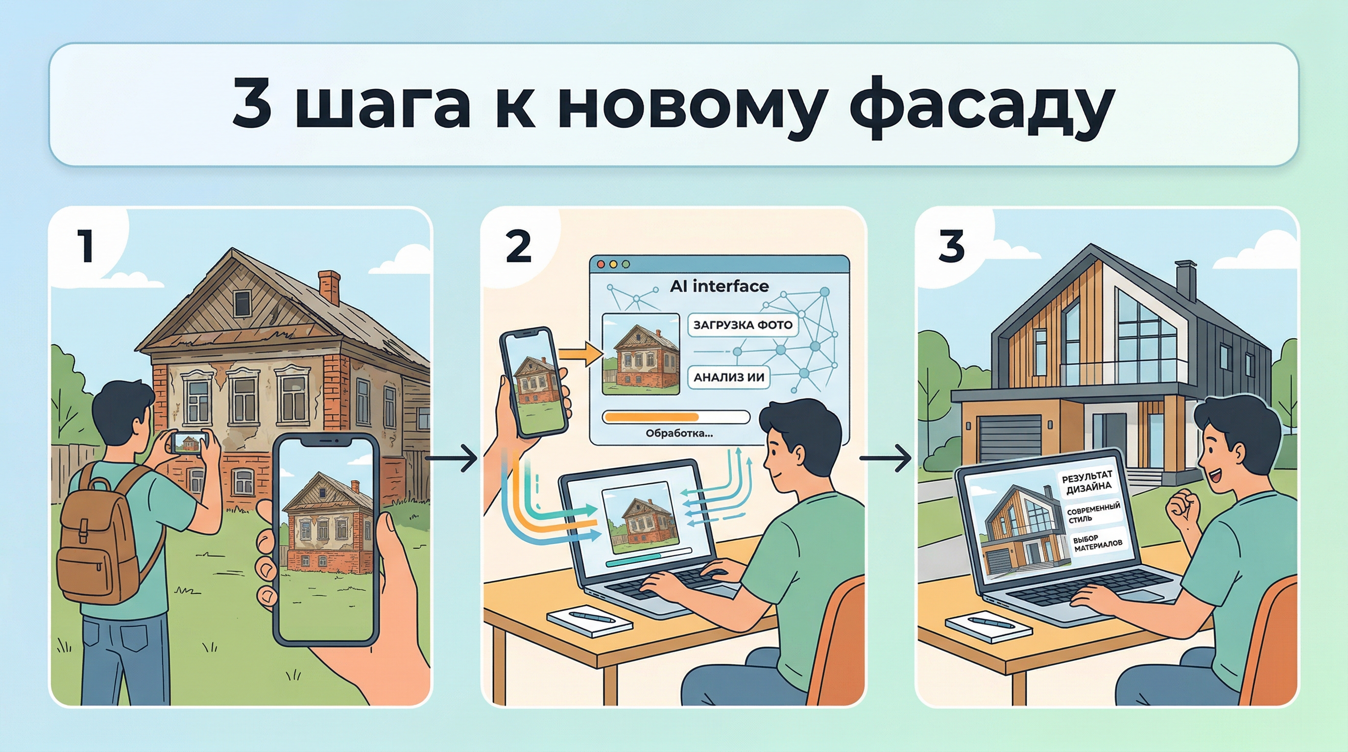Три шага к новому фасаду: фото дома, загрузка в сервис, результат