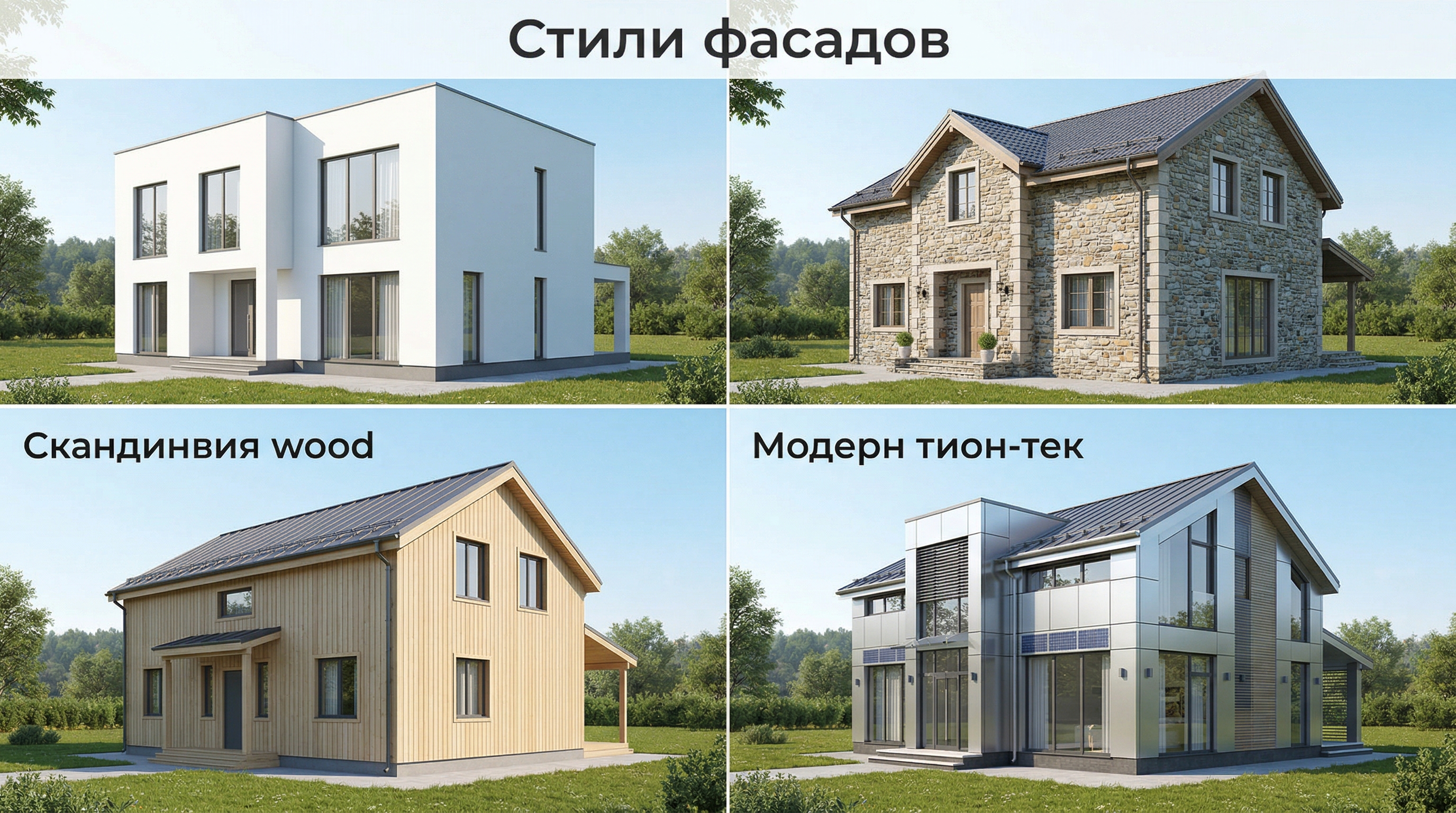 Четыре стиля фасада на одном доме: минимализм, классика, сканди, хай-тек